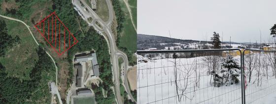 To bilder ved siden av hverandre. Til venstre er et satellittbilde av Slattum Skole med et skravert omr&aring;de der Slattumhallen skal ligge. Til h&oslash;yre er et bilde p&aring; bakkeniv&aring; med et gjerde i forgrunnen og et hogstfelt der hallen skal bygges.