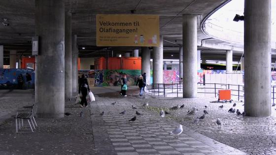 Bildet viser Olafiagangen. P&aring; bildet ser man personer som g&aring;r, og mange fugler. Det er tagging p&aring; veggene. Et skilt viser "Velkommen til Olafiagangen. Her er aktiviteter for store og sm&aring;" 