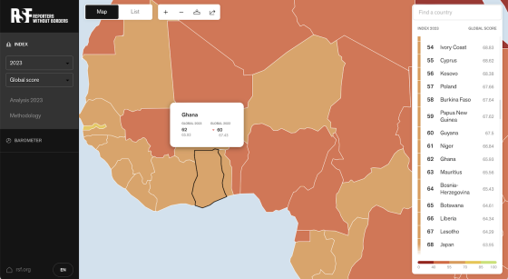 Kart over Afrika viser at pressefriheten i Ghana har g&aring;tt ned fra ca. 67,5 til ca. 66 p&aring; indeksen til Reportere uten grenser
