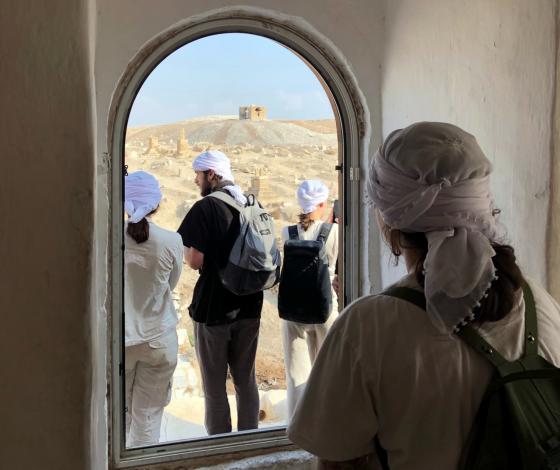 Fire folkeh&oslash;gskole-elever st&aring;r med ryggen vendt mot kamera, og kikker p&aring; &oslash;rkenen.