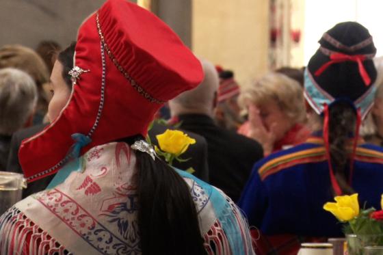 Bakhodet til en kvinne i kofte. r&oslash;d hatt