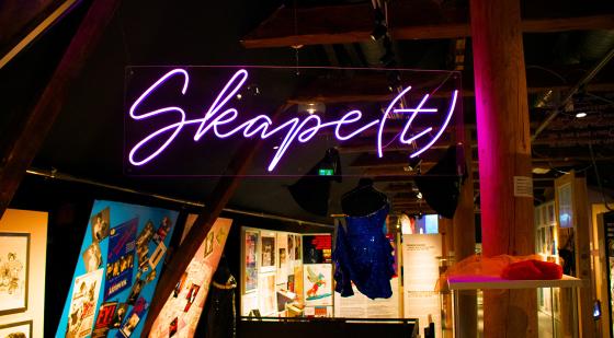 Ved inngangen til utstillingen henger et selvlysende skilt hvor det st&aring;r skapet.