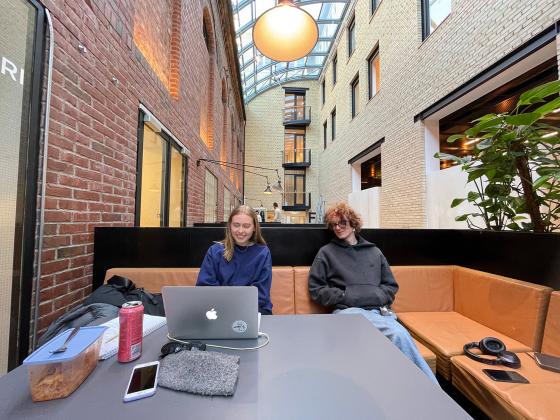 En gutt og ei jente sitter i en brun skinnsofa. De sitter i er et stort rom. Jenta smiler og gutten ser p&aring; henne. De er studenter. 