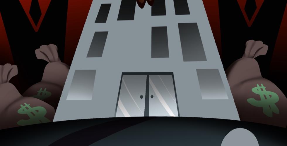 Illustrasjon av skygge som ser opp p&aring; en stor bank og store menn i dress