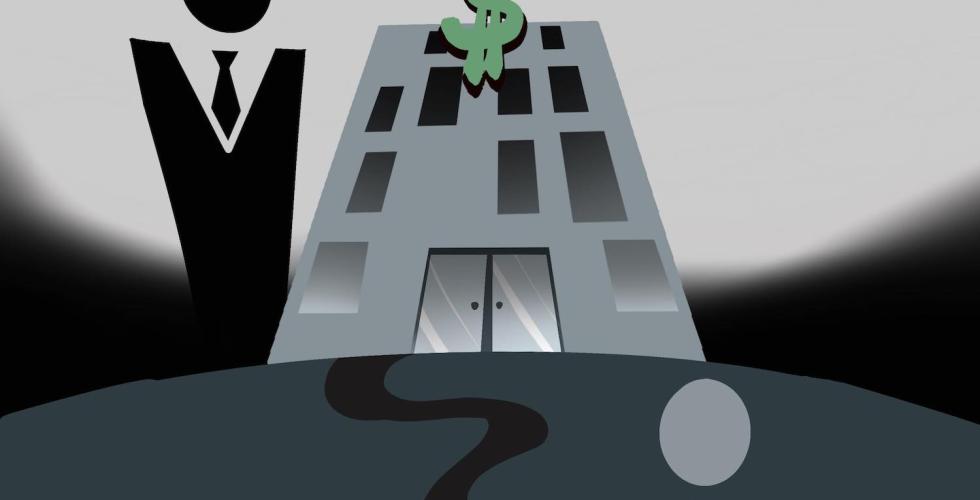 Illustrasjon av skygge som ser opp p&aring; en stor bank og stor mann i dress