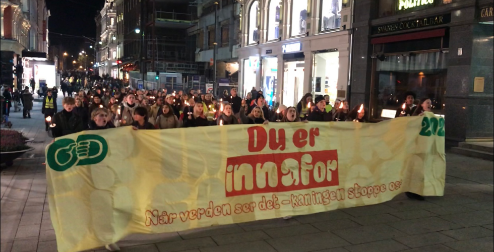 Ungdommer som g&aring;r i fakkeltog