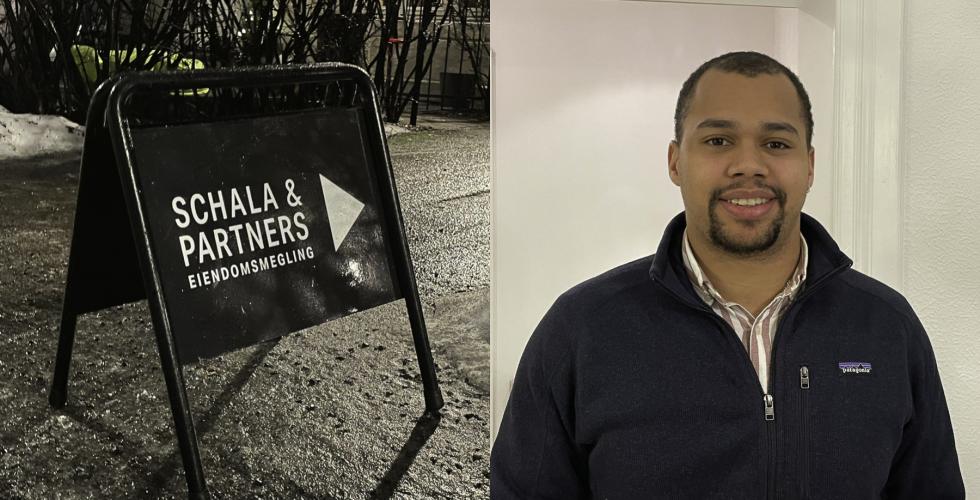 Til venstre er et visningsskilt, til h&oslash;yre er eiendomsmegler Edward Bastian 