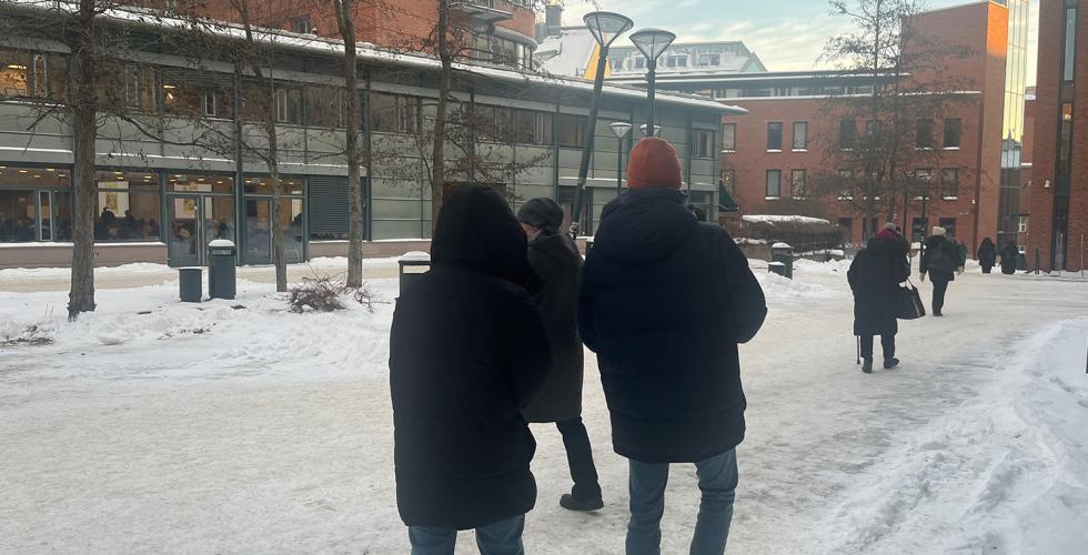 Kalde mennesker som er godt kledd for vinterv&aelig;ret og de kalde temperaturene.