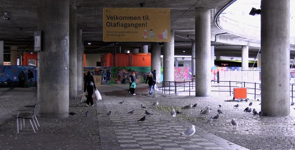 Bildet viser Olafiagangen. P&aring; bildet ser man personer som g&aring;r, og mange fugler. Det er tagging p&aring; veggene. Et skilt viser "Velkommen til Olafiagangen. Her er aktiviteter for store og sm&aring;" 