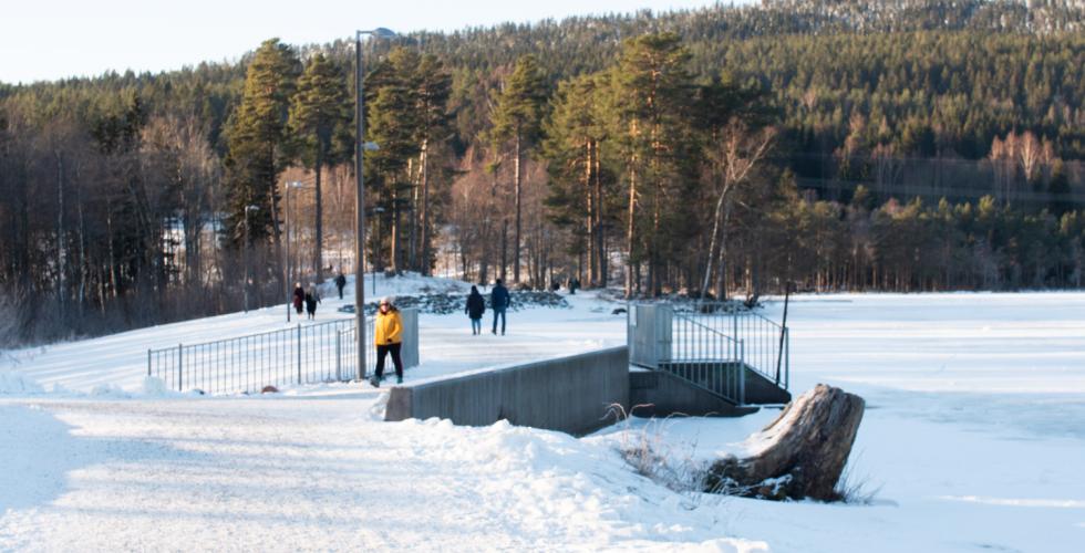 Folk som g&aring;r p&aring; Sognsvann. Kaldt og sn&oslash; ute. Sti til venstre, vannet til h&oslash;yre