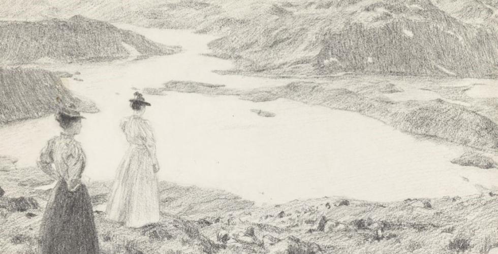 tegning av to kvinner p&aring; fjellet