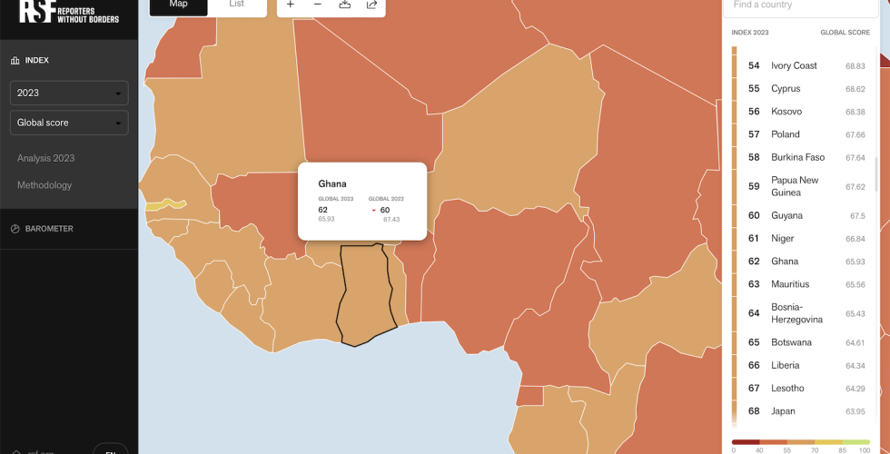Kart over Afrika viser at pressefriheten i Ghana har g&aring;tt ned fra ca. 67,5 til ca. 66 p&aring; indeksen til Reportere uten grenser