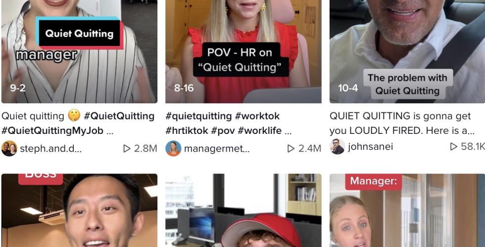 Skjermdump fra Tiktok viser at det p&aring;g&aring;r en stor debatt om quiet quitting i arbeidslivet. 